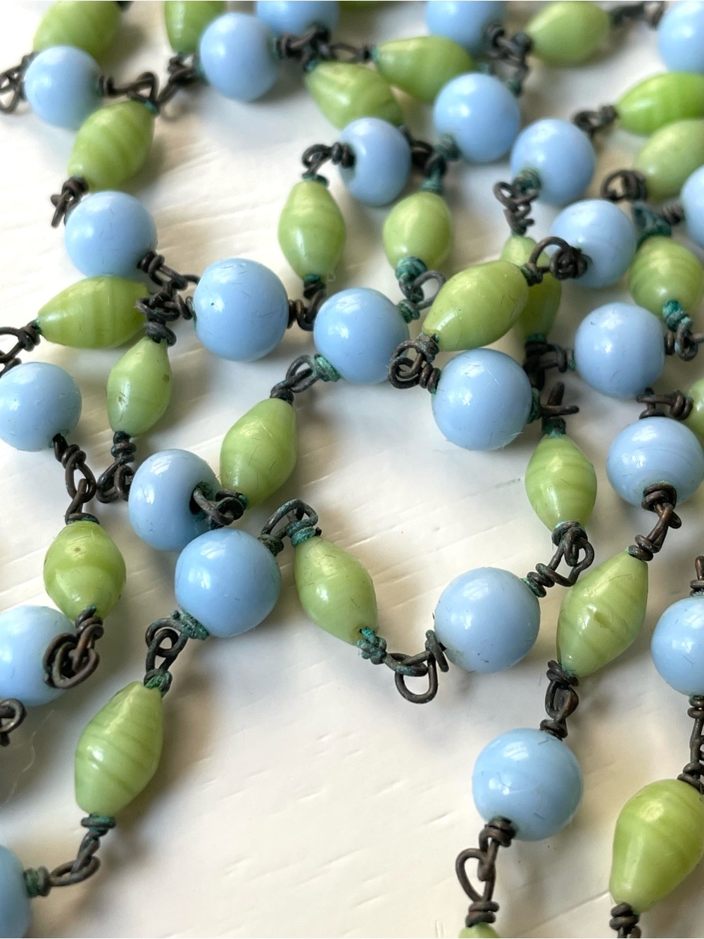 Vintage Czech style pastel blue & key lime green art glass beaded long necklace